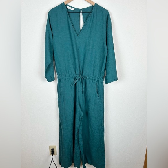 Bryn Walker Linen Blue Team Cinched Waist Crop Wide Leg Jumpsuit Small - Picture 2 of 15